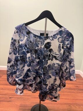 Alex Evenings Blue and White Floral Sheer Blouse